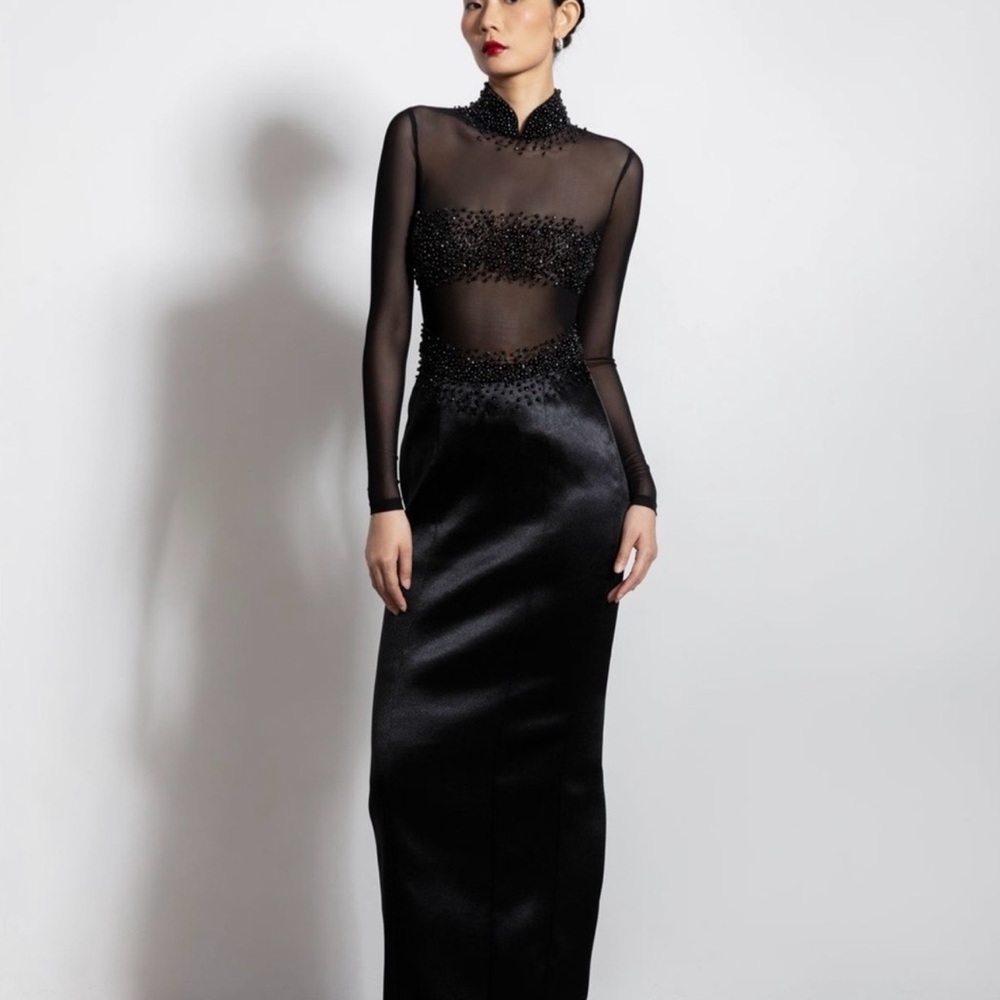 Sau Lee Sheer Beaded Maxi Evening Gown